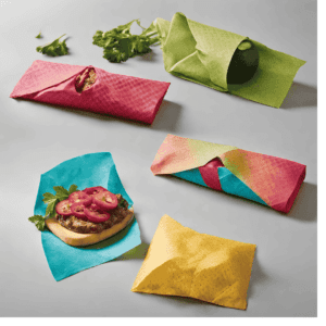 eco-friendly food wrapper with food in green red yellow and blue color