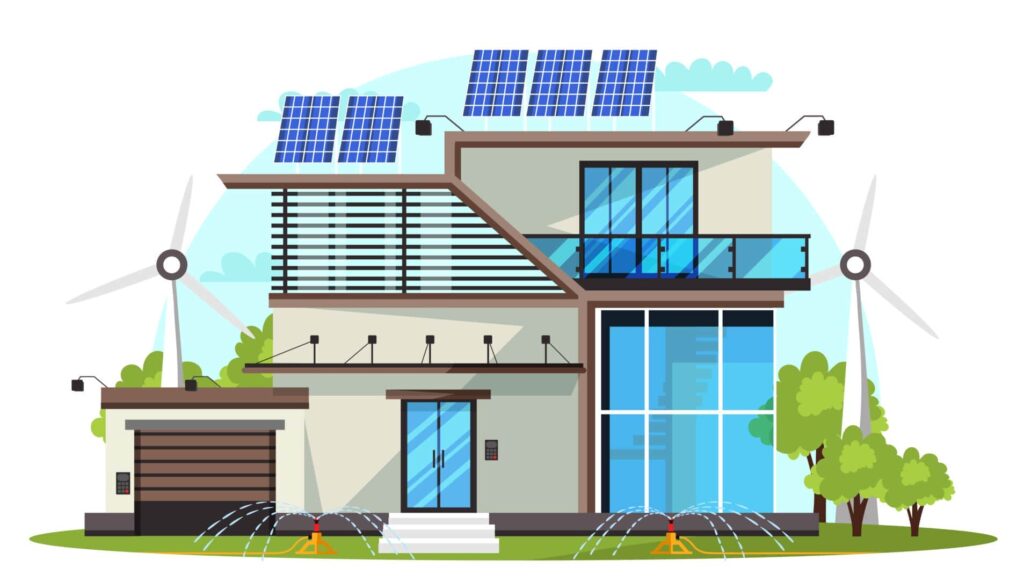 Benefits of eco-friendly house-solar panels home with green tree and wind electricity