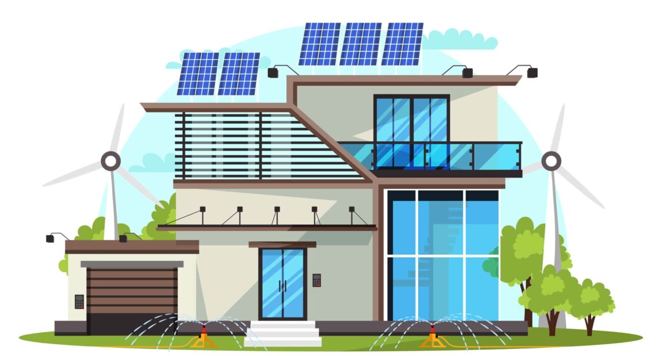 Benefits of eco-friendly house-solar panels home with green tree and wind electricity