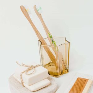 natural bamboo toothbrush set of two with soap and wooden comb