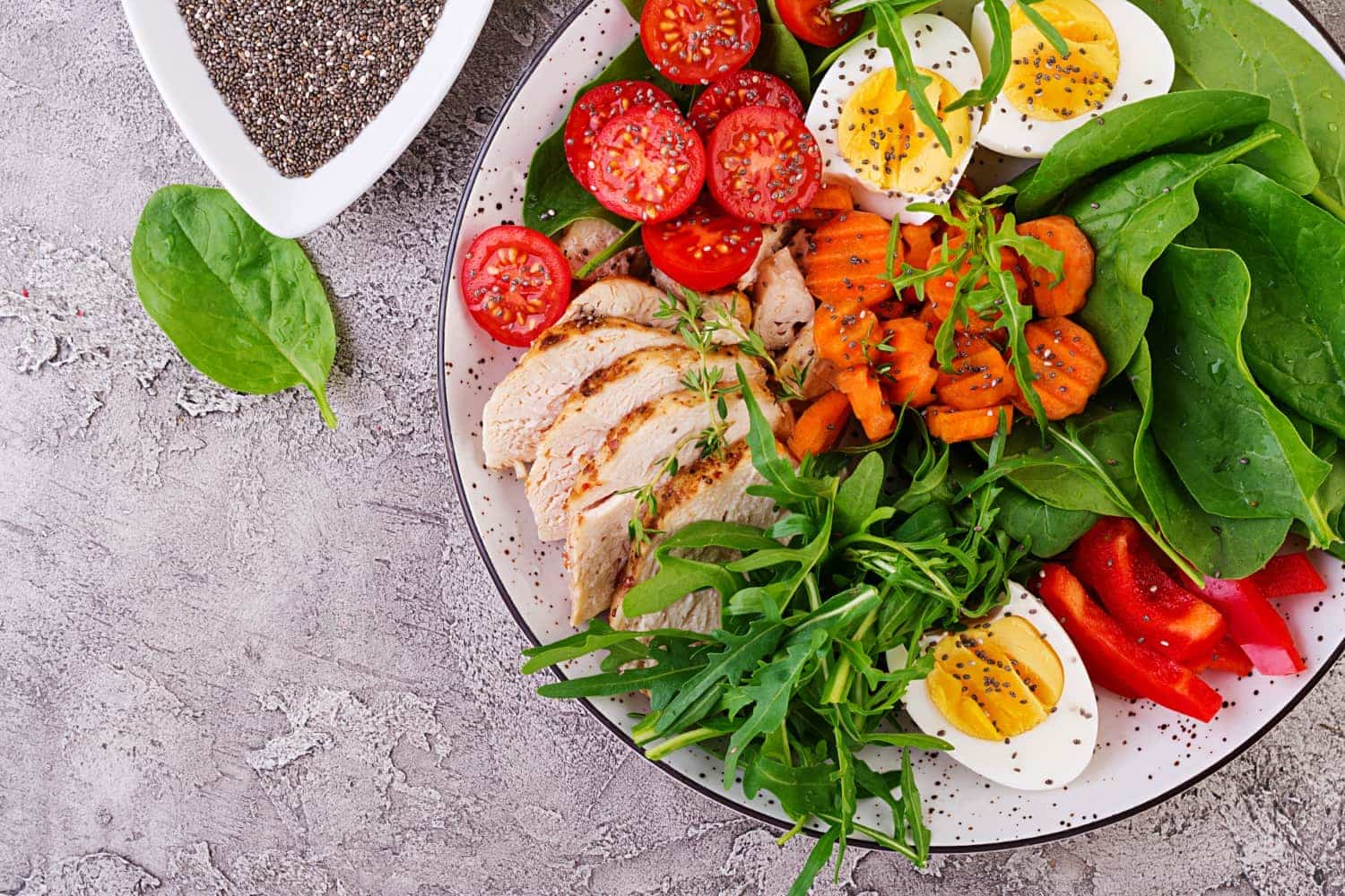 paleo diet in plate boiled egg tomato chicken green vegetables shopping list