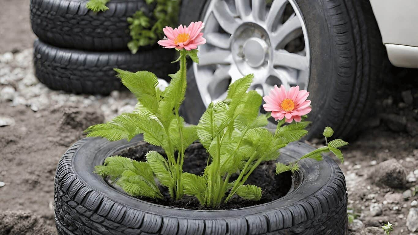 plant in waste old tire