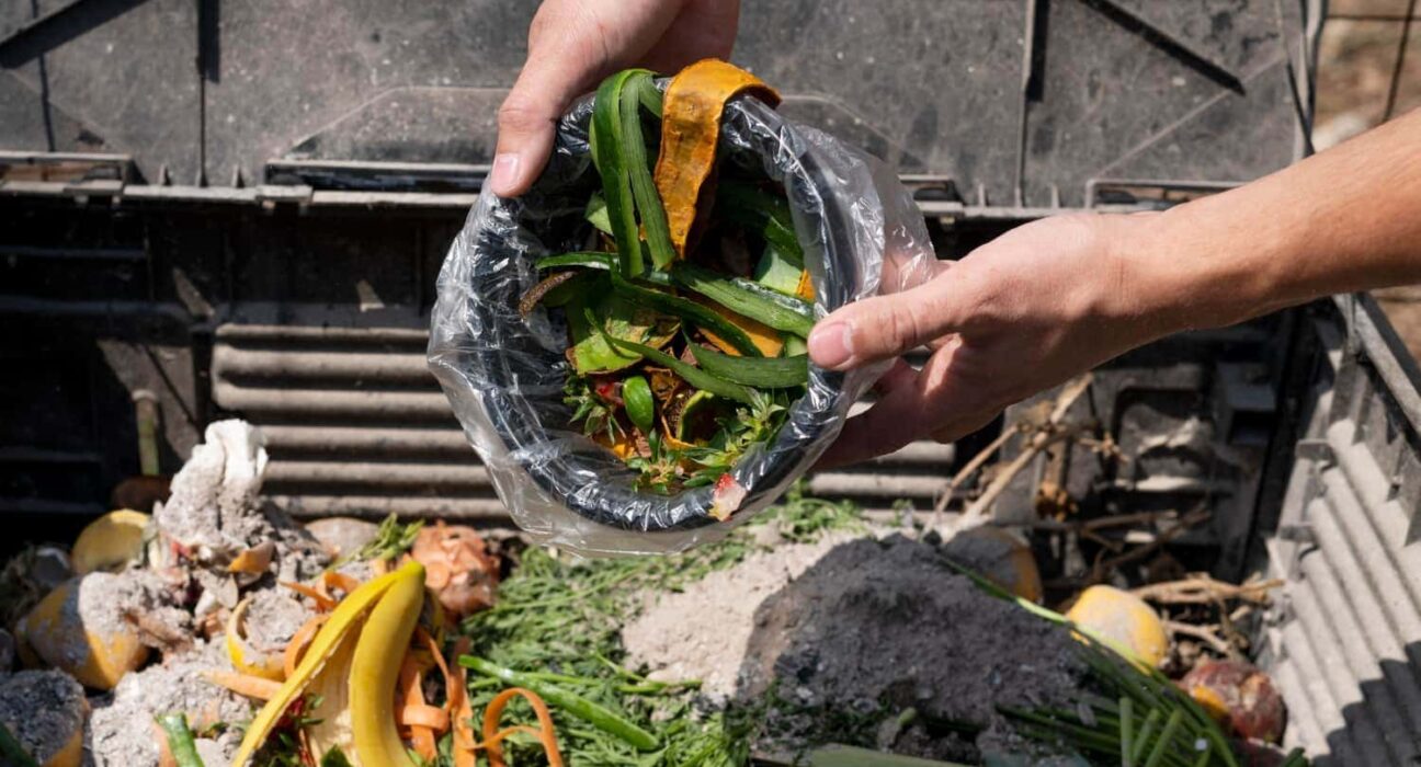 compost kitchen waste at home-vegetables scraps putting in compost bin