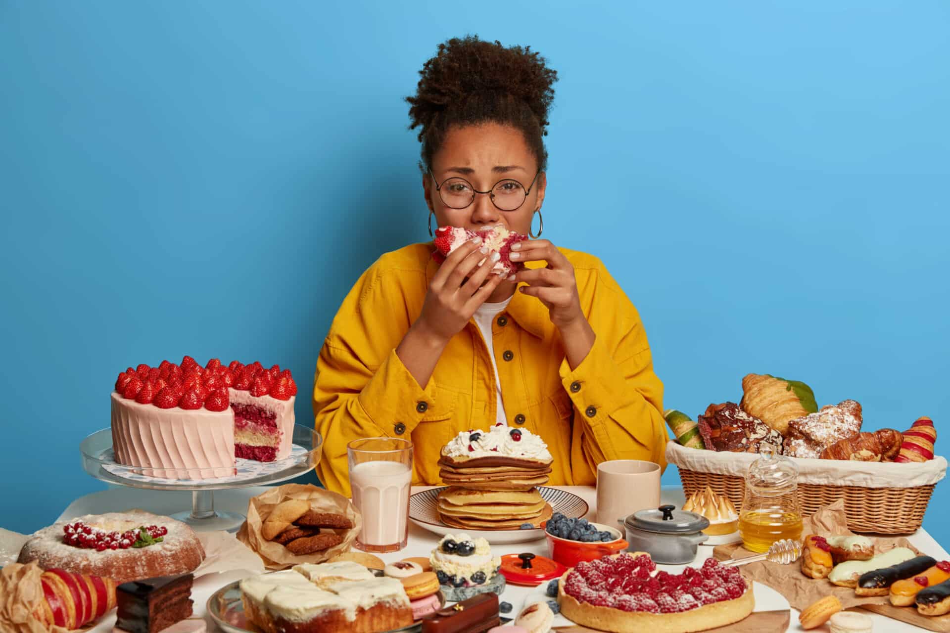 a woman having food in stress