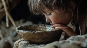 child is drinking water from stone bowl-water scarcity