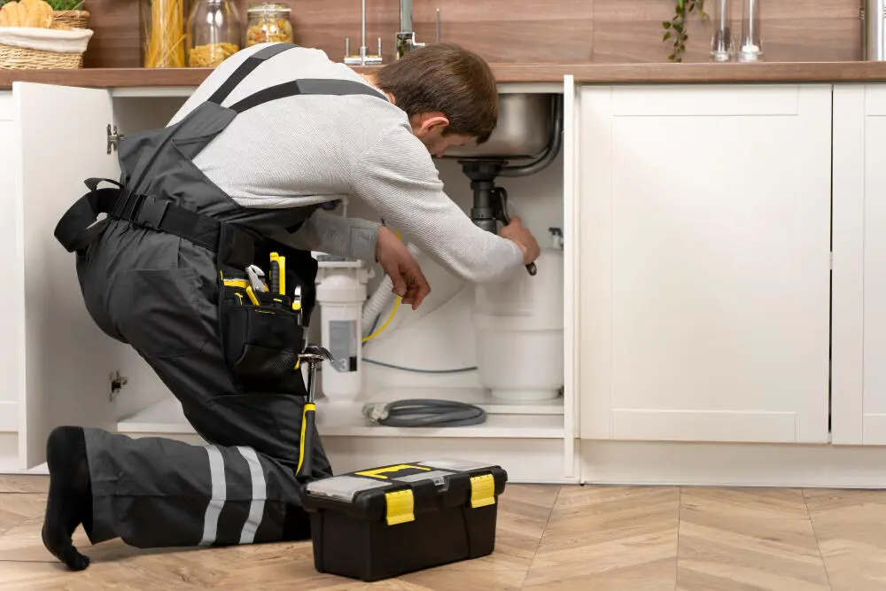 man fixing sink and faucets