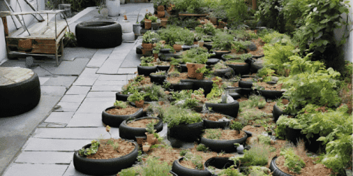 sustainable garden plants using old tires at backyard